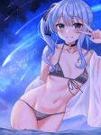  1girl absurdres bikini bird black_choker blue_hair blue_sky blush bow breasts choker cloud collarbone grey_eyes grin hair_bow hand_up hayasaka_(a865675167774) highres hololive hoshimachi_suisei leaning_to_the_side looking_at_viewer navel night night_sky off_shoulder outdoors plaid plaid_bikini shirt shooting_star side_ponytail sidelocks sky small_breasts smile solo star_(sky) star_(symbol) star_choker star_in_eye starry_sky stomach sunlight swimsuit symbol_in_eye teeth thighs upper_teeth v virtual_youtuber wading water wavy_hair white_shirt 