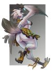  anthro avian beak bird blue_eyes bottomwear bra breasts butt clothing eyelashes feathers female footwear freckles gesture hi_res lyra_(w4g4) potoo ronff signature skirt socks solo tail_feathers talons underwear v_sign white_body winged_arms wings 
