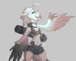  3_fingers anthro avian bag beanbagtea bird blue_eyes clothed clothing collar eyelashes eyewear feather_tuft feathers female fingers flat_chested freckles glasses happy hi_res lyra_(w4g4) midriff open_mouth potoo simple_background solo tail_feathers tuft white_body winged_arms wings 