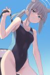 1girl bakonchi blue_archive blue_background blue_eyes breasts closed_mouth collarbone commentary_request competition_swimsuit covered_navel gradient gradient_background grey_hair halo looking_at_viewer medium_breasts one-piece_swimsuit shiroko_(blue_archive) shiroko_(swimsuit)_(blue_archive) smile solo swimsuit thighs 