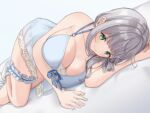  1girl babydoll bare_arms bare_shoulders blue_babydoll blue_shorts blush breasts cleavage closed_mouth dutch_angle frilled_thigh_strap green_eyes grey_hair hair_ornament hair_rings hairclip hololive kurotan_961 large_breasts looking_at_viewer lying medium_hair mole mole_on_breast official_alternate_costume official_alternate_hairstyle on_side one_side_up see-through_babydoll see-through_clothes shirogane_noel shirogane_noel_(9th_costume) shorts side_up_ring single_hair_ring slippers smile snowflake_hair_ornament solo thigh_strap virtual_youtuber white_slippers 