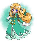  1girl black_bodysuit blonde_hair blue_eyes blush bodysuit breasts commentary cowboy_shot ebimpawa gloves green_background highres mega_man_(series) mega_man_zx official_alternate_costume prairie_(mega_man) robot_ears solo white_background white_gloves 