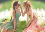  2girls aerith_gainsborough bangs bare_arms black_hair braid braided_ponytail breasts brown_hair cleavage dress final_fantasy final_fantasy_vii final_fantasy_vii_remake flower grass green_dress green_eyes hair_flower hair_ornament hair_ribbon hand_in_another&#039;s_hair jjn_ff7 kneeling large_breasts leaning_forward long_dress long_hair looking_at_another medium_breasts multiple_girls outdoors parted_bangs parted_lips pink_dress pink_ribbon red_eyes ribbon sidelocks sitting sleeveless sleeveless_dress smile straight_hair tifa_lockhart wavy_hair yuri 