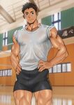  1boy absurdres bara biceps black_eyes black_hair blurry blurry_background blush briefs feet_out_of_frame gym haikyuu!! hand_on_hip highres looking_at_viewer male_focus male_underwear manly muscular muscular_male pectorals sawamura_daichi see-through see-through_shirt shirt short_hair shorts smile solo spiked_hair suyohara sweat sweatdrop t-shirt tan thick_thighs thighs tight underwear volleyball_net wet wet_clothes window 