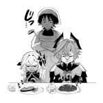  1girl 2boys alternate_costume apron aranara_(genshin_impact) armlet blunt_ends caramelo_game character_print chest_jewel clenched_hand closed_mouth crossed_arms detached_sleeves double-parted_bangs dragon_boy dragon_horns dress drinking_straw fish_steak food genshin_impact glaring greyscale hair_between_eyes hair_ornament half_crown_braid hand_on_own_arm heart-shaped_gem highres holding holding_ladle horns jewelry kappougi ladle leaf leaf_hair_ornament long_hair looking_at_another looking_down mandarin_collar mini_durin_(dragon)_(genshin_impact) mini_durin_(genshin_impact) mini_durin_(human)_(genshin_impact) monochrome multiple_boys nahida_(genshin_impact) parody plate pointy_ears sanpaku scaramouche_(genshin_impact) shoulder_peek side_ponytail sidelocks sound_effects steam style_parody tenugui translation_request vegetable wispy_bangs 