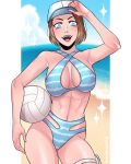  1girl abs ball beach bikini blue_eyes blush breasts brown_hair cleavage dangerousbride hat highres jill_valentine large_breasts looking_at_viewer muscular muscular_female navel resident_evil resident_evil_3 short_hair smile solo swimsuit 