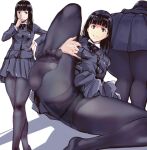  1girl ass bangs black_hair brown_eyes buttons commentary_request crotch_seam double-breasted feet grey_jacket grey_skirt gusset jacket kamisimo_90 knee_up kneepits legs_together long_hair long_sleeves looking_at_viewer multiple_views original panties panties_under_pantyhose pantyhose pleated_skirt shirt skirt tights_girl_(kamisimo_90) toes underwear uniform weapon white_shirt 