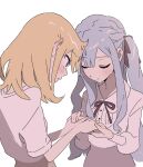  2girls bang_dream! bang_dream!_it's_mygo!!!!! black_ribbon blonde_hair blue_hair closed_eyes closed_mouth commentary hair_ribbon highres holding_hands korean_commentary long_hair medium_hair misumi_uika mkun606 multiple_girls neck_ribbon open_mouth purple_eyes ribbon shirt short_sleeves sidelocks simple_background togawa_sakiko upper_body white_background white_shirt 