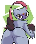  ambiguous_gender anthro big_butt black_pupils brown_eyes butt ekkokenight feathers grey_body hi_res looking_at_viewer looking_back nintendo nude pok&eacute;mon pok&eacute;mon_(species) pupils smile sneasler solo thick_thighs video_games 