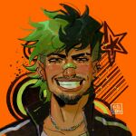  1boy antonio_leon_mars_(skcd_loen) artist_logo bandaid bandaid_on_face bandaid_on_nose black_hair black_jacket ear_piercing english_commentary eyebrow_cut facial_hair floating_hair frutiger_metro goatee green_eyes green_hair half-closed_eyes hashtag-only_commentary highres jacket jewelry logo looking_at_viewer mullet multicolored_hair mustache necklace orange_background original piercing portrait ring_piercing shirt short_hair silver_necklace skcd_loen sketch smile split-color_hair star_(symbol) star_symbol_background striped_clothes striped_jacket stubble tan teeth track_jacket two-tone_hair undercut vertical-striped_clothes vertical-striped_jacket white_shirt 