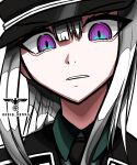  1girl artist_name black_necktie disgust hat highres jacket koalakanru lily_von_rottengard long_hair looking_at_viewer military_hat military_jacket military_uniform nazi necktie original purple_eyes reichsadler solo ss_uniform swastika waffen-ss white_background white_hair 