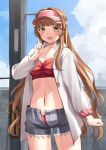  1girl bikini blush brown_eyes brown_hair collarbone cowboy_shot grey_shorts helena_(kancolle) jacket kantai_collection long_hair long_sleeves mayura2002 navel open_clothes open_jacket open_mouth red_bikini shorts smile solo swimsuit white_jacket 