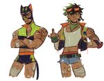  1boy :< animal_ears antonio_leon_mars_(skcd_loen) arm_tattoo badge bandaged_arm bandaged_leg bandages belt black_hair black_shorts black_vest braid button_badge cat_ears cat_tail chest_hair closed_mouth commentary cropped_legs cropped_shirt crossed_arms denim denim_shorts ear_piercing elbow_pads english_commentary expressionless eyebrow_cut facial_hair fake_animal_ears fake_tail fangs fingerless_gloves gauze gauze_on_arm gauze_on_leg gloves goatee_stubble goggles goggles_on_head green_belt green_gloves green_hair green_neckerchief green_shorts green_vest hand_in_pocket highres jitome leg_hair looking_ahead looking_at_viewer male_underwear male_underwear_peek middle_finger mouth_hold mullet multicolored_hair multiple_views neckerchief open_clothes open_vest orange-tinted_eyewear original piercing red_male_underwear short_hair short_shorts shorts side_braid simple_background single_elbow_pad skcd_loen sketch split-color_hair stalk_in_mouth stomach_hair stubble tail tan tank_top tattoo tinted_eyewear two-tone_hair two-tone_shorts two-tone_vest undercut underwear vest white_background white_tank_top 