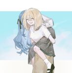  2girls bang_dream! bang_dream!_it's_mygo!!!!! black_ribbon blonde_hair blue_hair carrying chinese_commentary closed_eyes commentary_request grey_skirt hair_between_eyes hair_ribbon highres long_hair long_sleeves lu_bian_de_yecao_zai_changge misumi_uika multiple_girls open_mouth piggyback ribbon shirt short_sleeves skirt socks togawa_sakiko white_shirt white_socks 