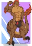 abs absurd_res anthro balls biceps bottomwear brown_body bulge claws clothed clothing detailed_bulge dinosaur dromaeosaurid dromaeosaurus elbow_feathers feathers genitals geryorias hair hi_res male muscular muscular_anthro muscular_male nipples prehistoric_species pubes reptile saurischian scalie sharp_teeth sickle_claw simple_background smile solo standning tail tail_feathers teeth theropod tight_bottomwear tight_clothing toe_claws tongue tongue_out underwear velociraptor yellow_eyes