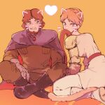  1boy 1girl belt biting_another's_tail black_boots blue_eyes boots braid breasts brown_belt brown_hair brown_pants brown_shirt cat_girl cat_tail cloak closed_mouth commentary_request crown_braid drawn_ears drawn_nose drawn_whiskers dress earrings facial_hair gloves grey_gloves heart highres jewelry kaze_no_tani_no_nausicaa kemonomimi_mode kurotowa kushana long_sleeves mechanical_arms medium_breasts mustache_stubble orange_background orange_hair pants serizawa_nae shirt short_hair single_mechanical_arm sitting smile stubble tail teardrop_earrings white_boots white_dress white_pants 