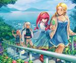  4girls alternate_universe bag blonde_hair casual cellphone city contemporary dress eating fish_girl food forehead_tattoo grey_hair head_fins highres hyrule_warriors:_age_of_calamity impa jacket jinaxxo lake mipha multicolored_hair multiple_girls phone pointy_ears popsicle princess_zelda purah railing selfie sheikah shopping_bag smartphone smile stairs streaked_hair sunglasses the_legend_of_zelda the_legend_of_zelda:_breath_of_the_wild zora 