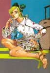  1girl araki_hirohiko buttons double_bun feet green_eyes green_hair green_lips hair_bun hand_on_hip hand_on_own_chin high_heels highres jojo_no_kimyou_na_bouken jolyne_fly_high_with_gucci kneeling kujo_jolyne non-web_source official_art parted_lips solo suitcase unicorn 