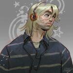  1boy artist_logo beard_stubble blonde_hair blue_shirt bridge_piercing brown_eyes closed_mouth colin_jones_(skcd_loen) commentary face_piercing facial_hair flourish_(design) frutiger_metro gradient_background grey_background hair_between_eyes hashtag-only_commentary headphones highres logo looking_to_the_side medium_hair original piercing polo_shirt shirt silver_piercing skcd_loen sketch star_(symbol) star_symbol_background striped_clothes striped_shirt stubble symbol-only_commentary thick_eyebrows upper_body vertical-striped_clothes vertical-striped_shirt 