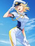  1girl adjusting_clothes adjusting_headwear belt blonde_hair breasts cagalli_yula_athha cloud gloves gundam gundam_seed hair_between_eyes hand_on_own_leg hat high-waist_pants highres looking_at_viewer medium_breasts medium_hair military_hat nito_minatsuki open_mouth outdoors pants red_eyes shirt short_sleeves sky smile solo teeth uniform upper_body upper_teeth white_gloves white_pants white_shirt 