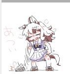  1girl ahoge animal_ears beanie beer_hsk bow brown_hair brown_shoes chibi closed_eyes grey_hat hat horse_ears horse_girl horse_tail long_hair nakayama_festa_(umamusume) open_mouth pleated_skirt puffy_short_sleeves puffy_sleeves purple_bow purple_shirt school_uniform shirt shoes short_sleeves skirt socks solo standing sweat tail throwing tracen_school_uniform umamusume unworn_hat unworn_headwear v-shaped_eyebrows wavy_mouth white_skirt white_socks 