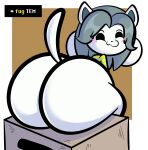  2022 ambiguous_gender anthro big_butt black_eyes black_nose blue_stripes blush border box brown_background butt clothing container ekkokenight english_text fur grey_hair hair hi_res huge_butt looking_at_viewer pattern_clothing simple_background sitting smile solo striped_clothing stripes tem temmie_(undertale) text undertale undertale_(series) video_games white_body white_border white_fur yellow_clothing 