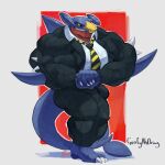 1:1 2025 anthro arm_spikes artist_name barazoku barefoot biceps big_muscles black_bottomwear black_clothing black_necktie black_pants black_sclera black_suit blue_body bottomwear claws clothed clothed_male clothing collared_shirt countershade_face countershading danger_sign digital_drawing_(artwork) digital_media_(artwork) dress_shirt elbow_spikes english_text feet finger_claws flexing_muscles full-length_portrait fully_clothed fully_clothed_male garchomp generation_4_pokemon goofyahdragons grey_background grin hi_res huge_muscles leg_spikes looking_at_viewer male muscular muscular_male necktie nintendo pants pattern_necktie pokemon pokemon_(species) portrait red_background red_body red_countershading shirt simple_background smile solo spikes spikes_(anatomy) stretched_clothing striped_necktie suit tail teeth text tight_bottomwear tight_clothing tight_pants tight_topwear toe_claws toothy_grin topwear white_dress_shirt yellow_eyes yellow_necktie yellow_nose