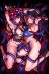  2girls absurdres armpits arms_behind_head arms_up bangs bare_shoulders bikini black_bikini black_hair blue_bikini blue_eyes blush breasts cleavage fate/grand_order fate_(series) female_pubic_hair fur_collar grin hair_bun hair_ornament hairpin highres katsushika_hokusai_(fate) large_breasts long_hair looking_at_viewer multiple_girls obi parted_bangs pubic_hair pubic_hair_peek purple_hair restrained sash short_hair side_ponytail sidelocks single_side_bun smile swimsuit tentacles tongue tongue_out ulrich_(tagaragakuin) ushiwakamaru_(fate) ushiwakamaru_(swimsuit_assassin)_(fate) ushiwakamaru_(swimsuit_assassin)_(first_ascension)_(fate) very_long_hair 