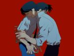  2boys azisaiharumaki56 black_hair black_necktie black_pants blood blood_on_hands blue_pants collared_shirt commentary_request highres hug kindaichi_hajime kindaichi_shounen_no_jikenbo long_sleeves male_focus multiple_boys necktie pants parted_lips red_background shirt short_hair simple_background takatoo_youichi white_shirt wide-eyed yaoi 