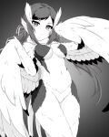 1girl bird_legs bird_tail breasts character_request commentary_request copyright_request feathered_wings feathers greyscale hair_ornament hairclip harpy lee_xianshang long_hair medium_breasts midriff monochrome monster_girl monsterification navel tail tail_feathers winged_arms wings 