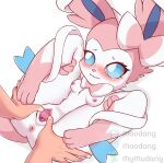  absurd_res anthro blue_eyes blush disembodied_hand duo eeveelution female genitals hi_res human male male/female mammal moodang nintendo pok&eacute;mon pok&eacute;mon_(species) pussy spread_legs spread_pussy spreading sylveon video_games white_body 