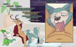  absurd_res anthro beastars canid canine canis clothing deer dildo female first_person_view group half-closed_eyes haru_(beastars) hi_res lagomorph legoshi_(beastars) legwear legwear_only leporid louis_(beastars) male mammal mostly_nude narrowed_eyes oral rabbit robe robe_only sex_toy sitting stockings stockings_only submissive submissive_male tail tail_motion tailwag tenge_mage text tongue trio wolf 