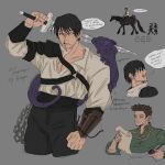  2boys 2girls absurdres arm_mounted_weapon black_hair black_horse crossbow dragon english_text fushiguro_touji highres holding holding_sword holding_weapon horse jujutsu_kaisen male_focus multiple_boys multiple_girls pet riding sailorpaintx scar_on_lip shiu_kong short_hair sword talking weapon zen'in_mai zen'in_maki 