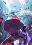  alternate_color building cloud commentary_request day ewokakukaede from_below genesect highres no_humans outdoors pokemon pokemon_(creature) red_eyes shiny_pokemon sky 