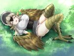  1girl animal_feet bangs bird_legs bird_wings black_hair black_souls bonnet bow bow_panties breasts brown_wings buttons closed_eyes corset dodo_(black_souls) drooling feathered_wings frilled_skirt frills full_body grass grey_skirt hair_between_eyes harpy head_wings highres large_breasts light_brown_hair long_hair lying monster_girl multicolored_hair on_back open_mouth outdoors panties puffy_short_sleeves puffy_sleeves red_bow saliva shirt short_sleeves skirt sleeping solo talons thighs tsuzura_(pixiv74922627) two-tone_hair underwear white_panties white_shirt winged_arms wings 