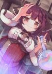  1girl atelier_(series) atelier_sophie blue_coat breasts cauldron coat collared_coat corset demimushi flask headscarf highres holding holding_flask jewelry light_smile long_coat looking_at_viewer necklace red_hair red_skirt skirt sophie_neuenmuller yellow_headscarf 