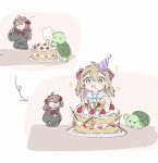  +_+ ... 2girls :/ :3 :d ahoge aqua_bow aqua_bowtie arrow_(symbol) birthday black_cardigan blue_eyes blue_sailor_collar blush_stickers bow bowtie broken_heart broken_heart_hair_ornament brown_hair cake candle cardigan chocolate_chip_cookie closed_eyes collared_shirt cookie demon_horns double-parted_bangs evil_neuro-sama food fruit hair_between_eyes hair_ornament hair_ribbon happy hat heart heart_hair_ornament highres holding holding_cookie holding_food horns kosame long_hair long_sleeves mini_party_hat motion_lines multiple_girls neuro-sama pastry_bag plate pocky red_bow red_bowtie red_eyes red_ribbon ribbon sailor_collar shirt smile sparkle sprinkles strawberry strawberry_shortcake sweatdrop turtle two_side_up vedal987 vedal_ai white_shirt yellow_cardigan 
