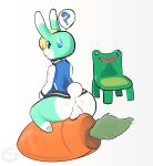  absurd_res animal_crossing anthro anus ball_squish balls blonde_hair butt butt_focus carrot clothed clothing dirtyscoundrel food froggy_chair fur genitals green_body hair hi_res lagomorph leporid looking_at_viewer looking_back male mammal nintendo nude partially_clothed plant question_mark rabbit rear_view sasha_(animal_crossing) simple_background sitting solo speech_bubble squish straddling sweat_mark vegetable video_games white_background 