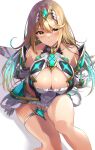  1girl arm_support bangs bare_shoulders blonde_hair breasts chest_jewel cleavage cleavage_cutout closed_mouth clothing_cutout dress earrings eel_mizue elbow_gloves gloves hair_between_eyes highres jewelry large_breasts long_hair looking_at_viewer mythra_(xenoblade) short_dress sitting smile solo swept_bangs thigh_strap tiara white_armor white_background white_dress white_gloves xenoblade_chronicles_(series) xenoblade_chronicles_2 yellow_eyes 