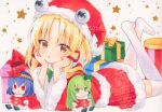  1girl alternate_headwear blonde_hair blush box character_doll commentary doll dress fur-trimmed_dress fur-trimmed_headwear fur-trimmed_sleeves fur_trim gift gift_box hair_ribbon hat kochiya_sanae long_sleeves lying moriya_suwako on_stomach open_mouth red_dress red_hat red_ribbon ribbon santa_costume santa_dress santa_hat solo star_(symbol) thighhighs touhou twitter_username watermark white_thighhighs wide_sleeves yasaka_kanako yellow_eyes yuiki_(cube) 