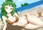  1girl 1nnards 3am animal_print beach bikini blood bone boned_meat breasts cavewoman cleavage fangs food green_eyes green_hair highres legs lying meat meat_(vtuber) nosebleed notched_ear ocean on_side outdoors pointy_ears sand swimsuit thighs tiger_print water 