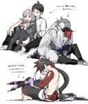  2girls 4boys :o absurdres ahoge aotsuki_eito barefoot black_gloves black_pants black_streaks black_thighhighs blue_eyes brown_hair closed_eyes collared_shirt commentary_request crossover danganronpa_(series) danganronpa_2:_goodbye_despair glasses gloves grey_eyes grey_hair grey_jacket hair_ornament handheld_game_console hands_on_another's_head height_difference highres hinata_hajime holding holding_handheld_game_console jacket katanagatari leaning_on_person long_hair medium_hair multicolored_hair multiple_boys multiple_crossover multiple_girls nanami_chiaki open_clothes open_jacket pants pink_eyes ponytail purple_eyes purple_thighhighs red_hair shirt short_hair sitting smile streaked_hair sumino_takumi the_hundred_line_-last_defense_academy- thighhighs tkiura_runa togame translation_request two-tone_hair white_background white_hair white_jacket white_pants white_shirt yasuri_shichika 