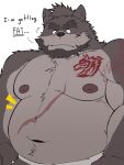  2022 anthro beard belly big_belly canid canine canis clothing english_text facial_hair hi_res kemono male mammal moobs navel nipples overweight overweight_male scar solo tattoo text underwear whitebeast20 wolf 