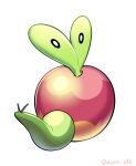  animal_focus apple applin artist_name commentary english_commentary food food_focus fruit full_body highres mixed-language_commentary miyoshi_(miyoshi_sikb) no_humans pokemon pokemon_(creature) shiny signature simple_background solo twitter_username white_background white_eyes worm 