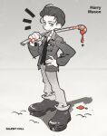  1boy black_shirt black_shoes blood blood_on_ground blood_on_hands blood_on_weapon character_name closed_mouth copyright_name full_body haejeo1008 hair_slicked_back hand_on_own_hip harry_mason holding holding_lead_pipe jacket lead_pipe light_frown looking_at_viewer male_focus monochrome over_shoulder pants shirt shoes short_hair silent_hill_(series) silent_hill_1 solo spot_color standing weapon weapon_over_shoulder 