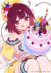  1girl :q anniversary atelier_(series) atelier_sophie bare_shoulders beret cake copyright_notice food hat highres holding holding_cake holding_food looking_at_viewer noco_(adamas) official_art plachta puni_(atelier) red_eyes red_hair second-party_source short_hair simple_background solo sophie_neuenmuller sophie_neuenmuller_(new_self) thighhighs tongue tongue_out white_background yellow_hat 