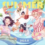  2girls 6+boys an10196 aqua_hair bare_shoulders barefoot bikini black_hair black_shirt blonde_hair blush breasts butterfly_hair_ornament cleavage closed_mouth cocktail_umbrella colored_tips dated eyewear_on_head flower flower_in_drink full_body goggles goggles_on_head gradient_hair green_eyes green_hair green_male_swimwear hair_ornament heart heart-shaped_eyewear highres himejima_gyoumei holding holding_swim_ring holding_water_gun iguro_obanai inflatable_toy kaburamaru kanroji_mitsuri kimetsu_no_yaiba kochou_shinobu long_hair low_ponytail male_swimwear mask medium_breasts medium_hair midriff mole mole_under_eye mouth_mask multicolored_hair multiple_boys multiple_girls open_mouth own_hands_together palm_tree partially_submerged pink_bikini pink_hair ponytail print_male_swimwear purple_hair red_flower red_hair red_male_swimwear rengoku_kyoujurou scar scar_on_cheek scar_on_face shinazugawa_sanemi shirt short_hair smile snake striped_clothes striped_shirt summer sunglasses swim_ring swimming swimsuit tokitou_muichirou tomioka_giyuu topless_male tree tropical_drink two-tone_hair updo upper_body uzui_tengen water_gun white_male_swimwear white_snake 