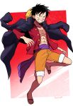  1boy black_eyes black_hair coat coat_on_shoulders grin hand_up hat hat_removed headwear_removed highres male_focus monkey_d._luffy one_piece orange_shorts pectorals sandals sash scar scar_on_chest shorts simple_background smile solo straw_hat unbuttoned unbuttoned_shirt yayoi_(yyi_op) 