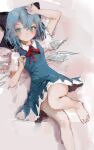  1girl 3: aqua_eyes arm_over_head arm_rest arm_up bangs bare_legs barefoot black_bow blue_dress blue_hair blue_nails blush bow cirno closed_mouth dot_nose dress dutch_angle english_commentary foot_out_of_frame from_above green_pupils grey_background hair_between_eyes hair_bow half_updo hand_on_own_head hand_up highres ice ice_wings knee_up large_bow looking_at_viewer looking_to_the_side lying nail_polish neck_ribbon on_back pinafore_dress puffy_short_sleeves puffy_sleeves red_ribbon reddizen ribbon short_dress short_hair short_sleeves shy solo swept_bangs toenail_polish toenails touhou untying wing_collar wings 