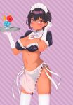  1girl absurdres apron bikini black_bikini blush breasts dark-skinned_female dark_skin detached_collar elbow_gloves frilled_apron frills gloves highres konbu_wakame lilith_(saikin_yatotta_maid_ga_ayashii) maid maid_apron maid_bikini maid_headdress mole mole_on_breast mole_under_eye navel saikin_yatotta_maid_ga_ayashii smile solo swimsuit thighhighs third-party_source waist_apron white_apron 